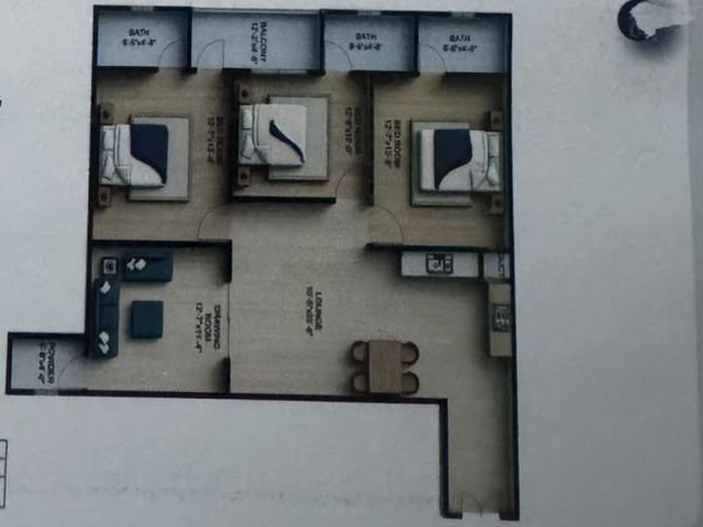 Floor plan of the 1,450 sq ft three-bedroom apartment