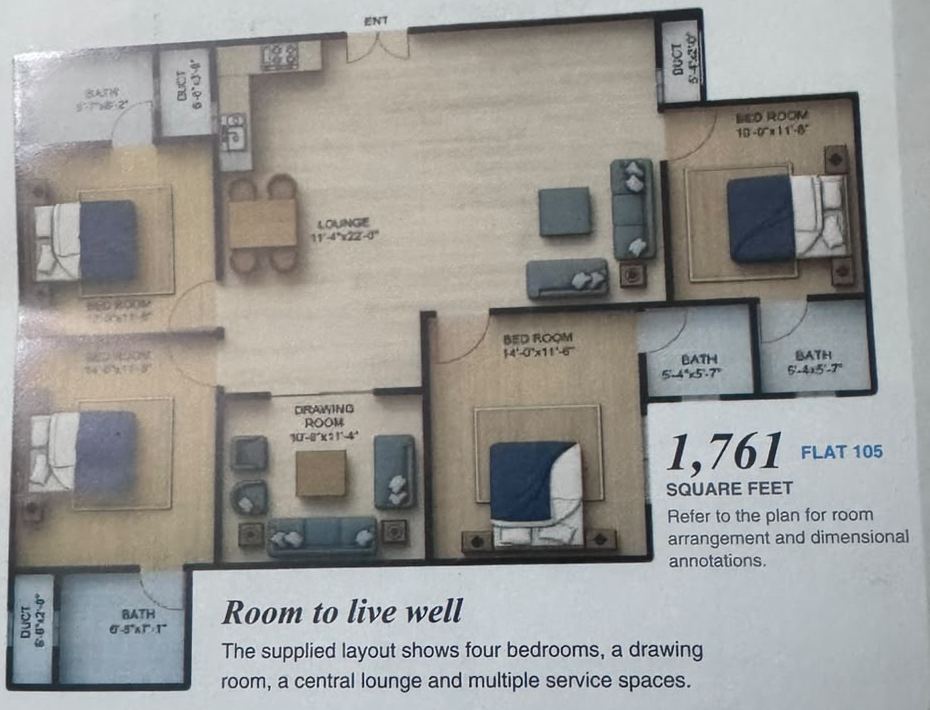 Floor plan of the 1,761 sq ft four-bedroom apartment