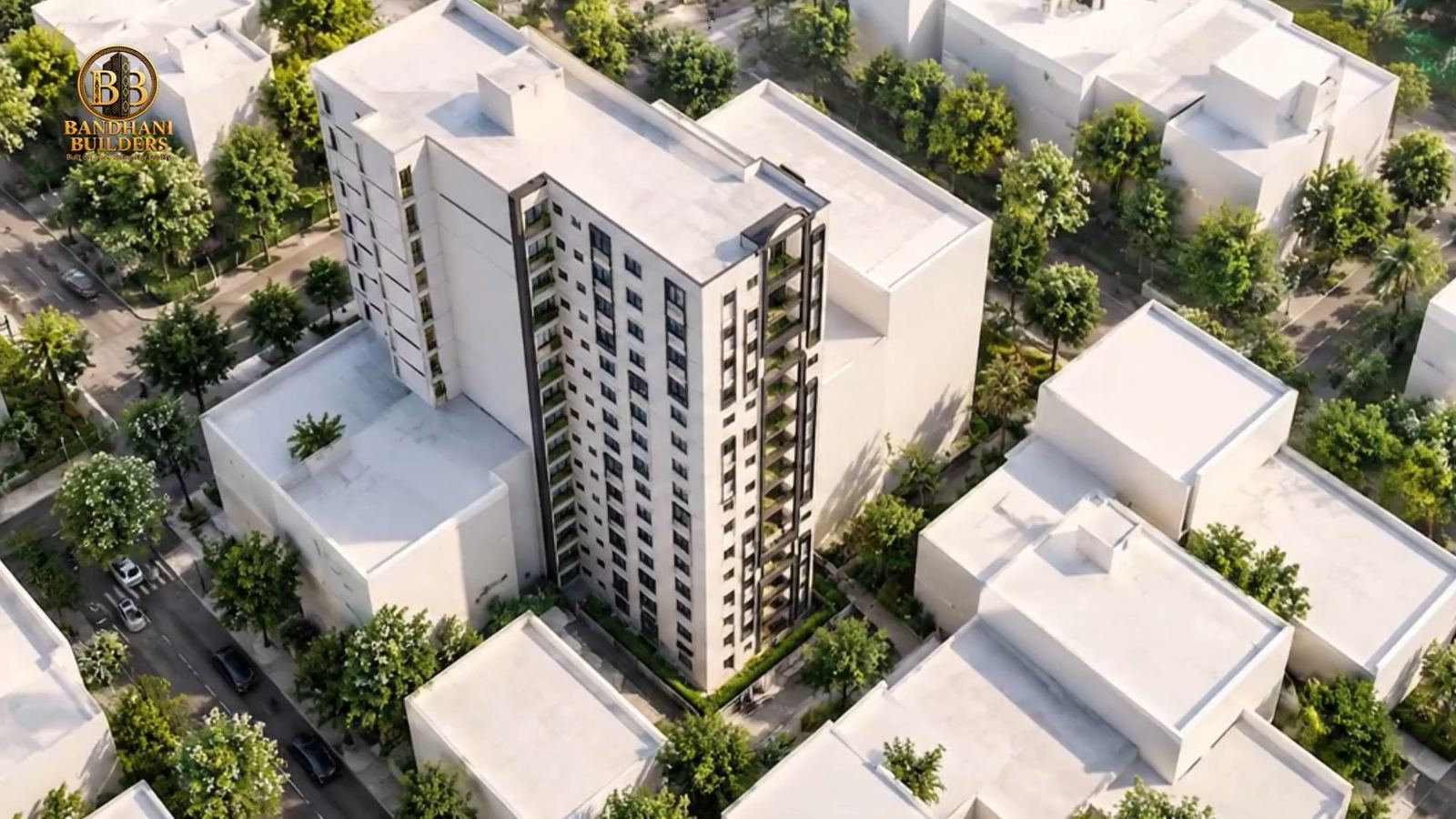 Aerial render of Ruhaab Heights among the houses of PNT Colony